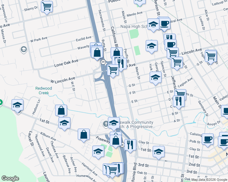 map of restaurants, bars, coffee shops, grocery stores, and more near 2010 West F Street in Napa