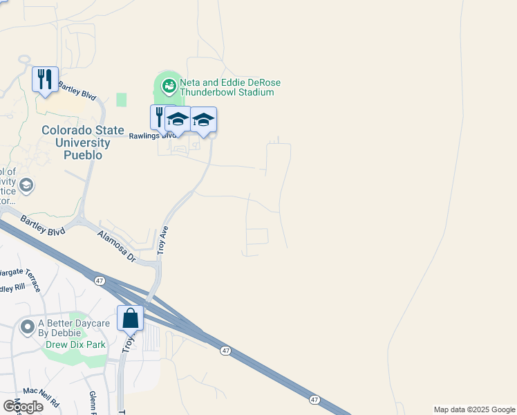 map of restaurants, bars, coffee shops, grocery stores, and more near Troy Avenue in Pueblo