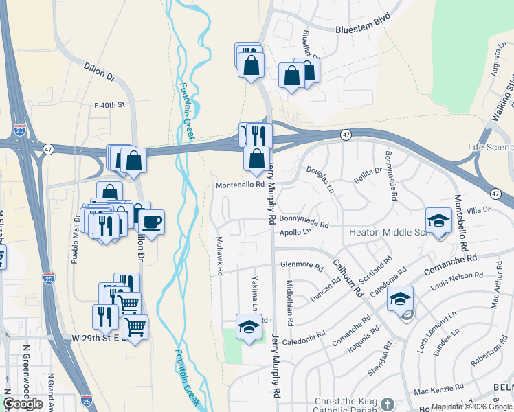 map of restaurants, bars, coffee shops, grocery stores, and more near 2025 Jerry Murphy Road in Pueblo