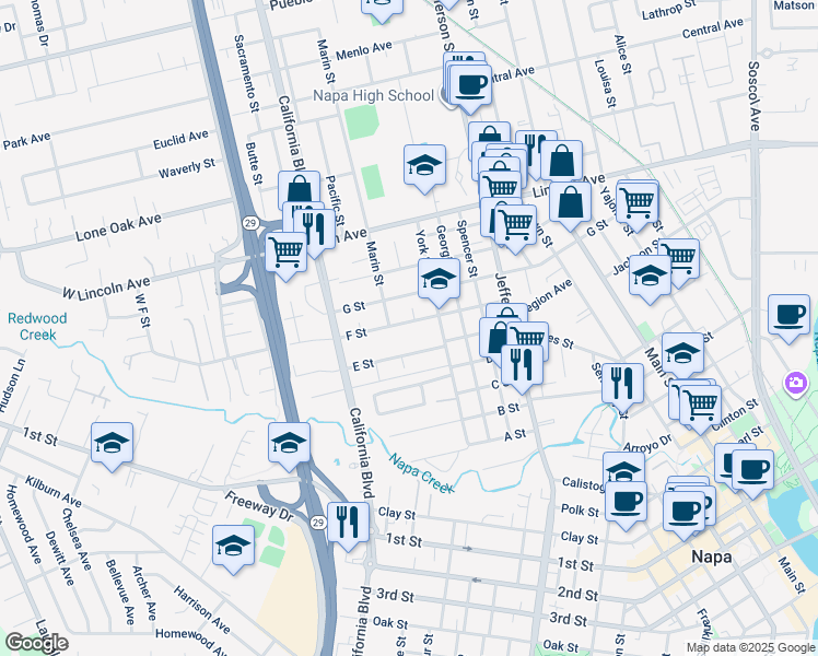 map of restaurants, bars, coffee shops, grocery stores, and more near 1611 F Street in Napa