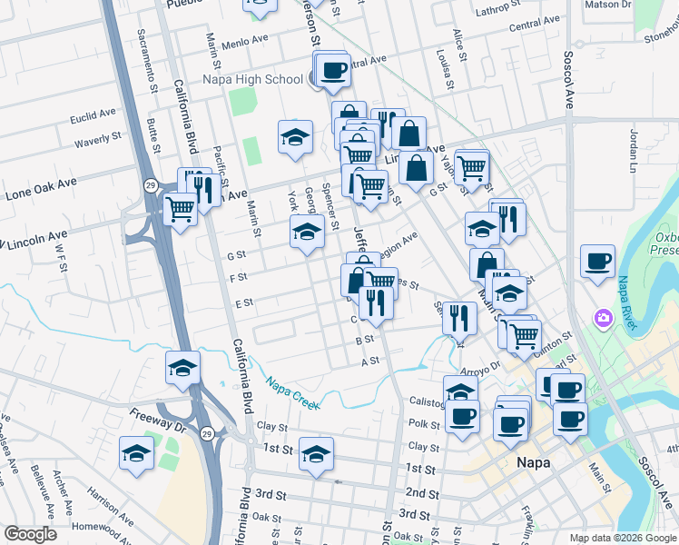 map of restaurants, bars, coffee shops, grocery stores, and more near 1831 Georgia Street in Napa