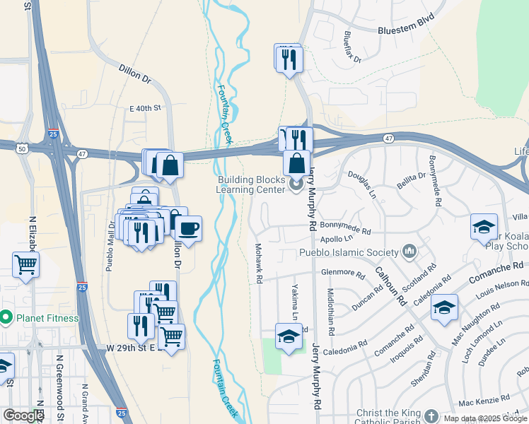 map of restaurants, bars, coffee shops, grocery stores, and more near 5 Bonnymede Road in Pueblo