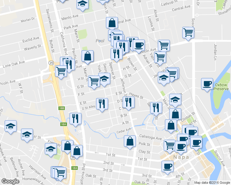 map of restaurants, bars, coffee shops, grocery stores, and more near 1831 Georgia Street in Napa