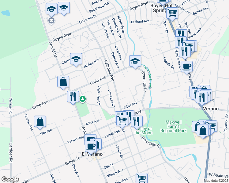 map of restaurants, bars, coffee shops, grocery stores, and more near 18788 Railroad Avenue in Sonoma