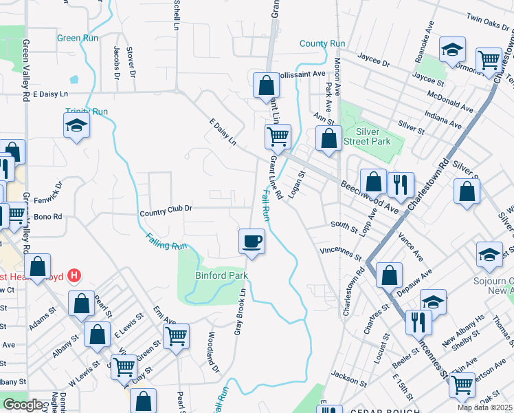 map of restaurants, bars, coffee shops, grocery stores, and more near 1815 Gray Brook Lane in New Albany