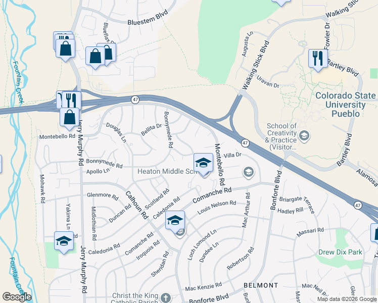 map of restaurants, bars, coffee shops, grocery stores, and more near 19 Oakbridge Drive in Pueblo