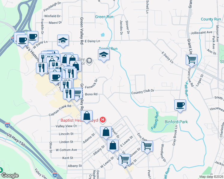 map of restaurants, bars, coffee shops, grocery stores, and more near 310 Country Club Drive in New Albany