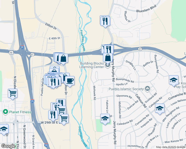 map of restaurants, bars, coffee shops, grocery stores, and more near 2118 Mohawk Road in Pueblo