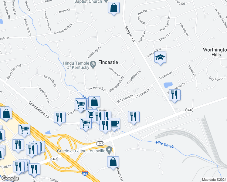 map of restaurants, bars, coffee shops, grocery stores, and more near 4205 Shenandoah Drive in Louisville