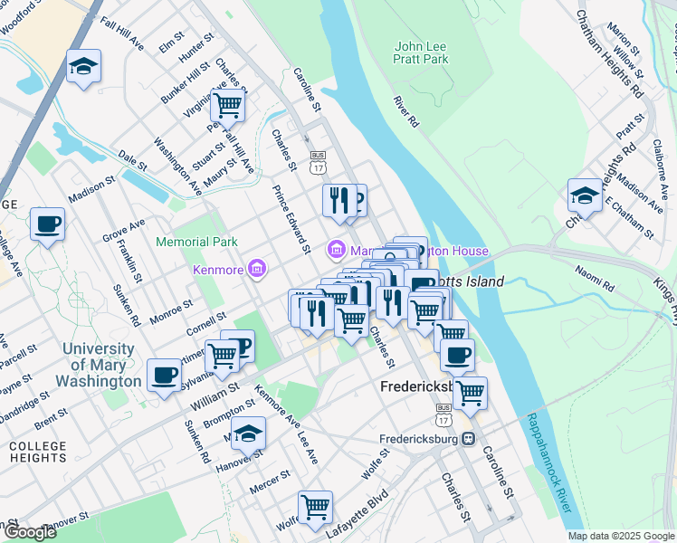 map of restaurants, bars, coffee shops, grocery stores, and more near 1114 Charles Street in Fredericksburg