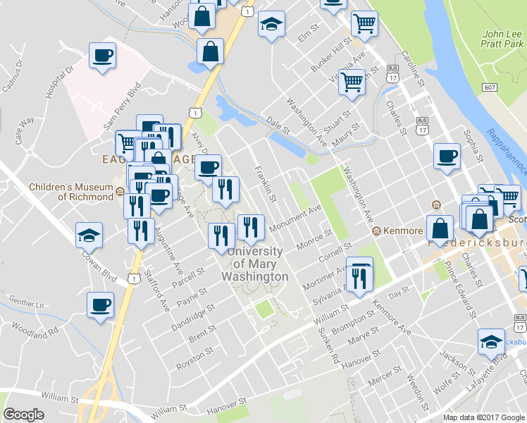 map of restaurants, bars, coffee shops, grocery stores, and more near 1415 Sunken Road in Fredericksburg