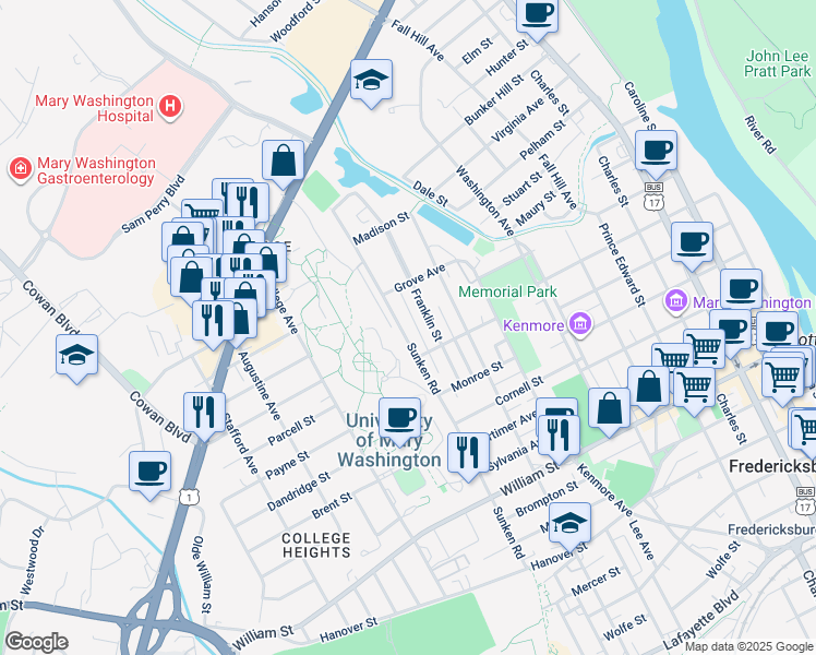 map of restaurants, bars, coffee shops, grocery stores, and more near 1415 Sunken Road in Fredericksburg