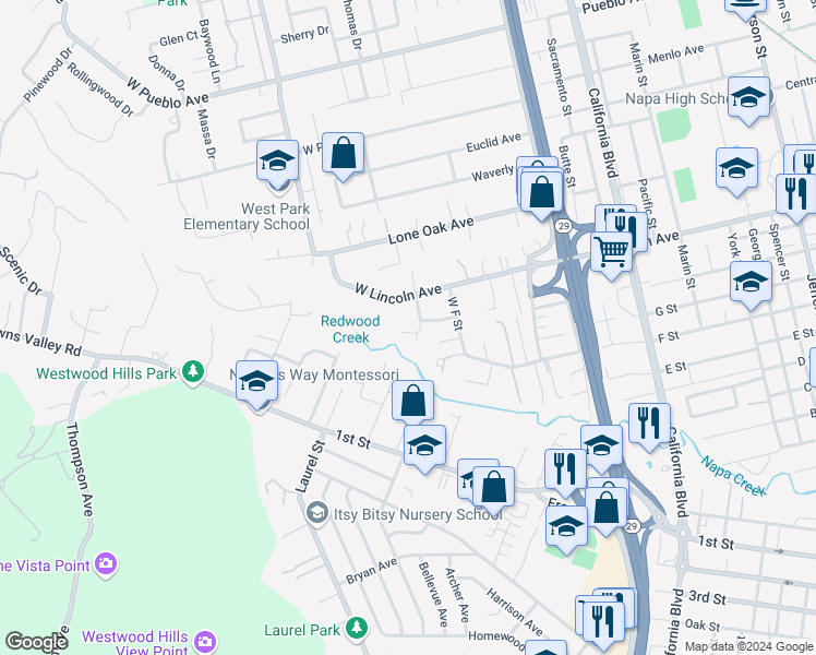 map of restaurants, bars, coffee shops, grocery stores, and more near 2341 Chad Court in Napa