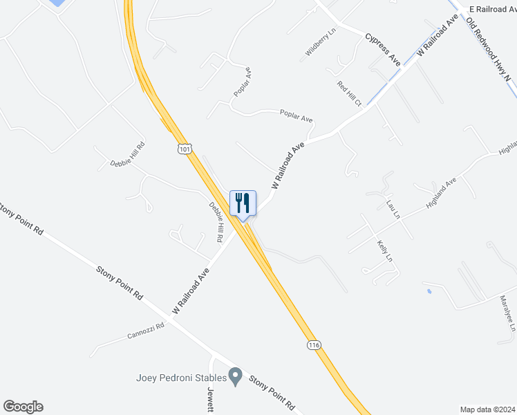 map of restaurants, bars, coffee shops, grocery stores, and more near 1019 West Railroad Avenue in Cotati