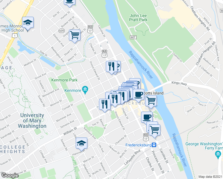 map of restaurants, bars, coffee shops, grocery stores, and more near 1114 Charles Street in Fredericksburg