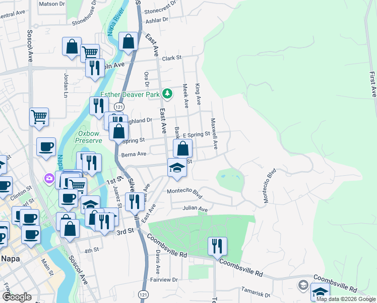 map of restaurants, bars, coffee shops, grocery stores, and more near 213 East Berna Avenue in Napa