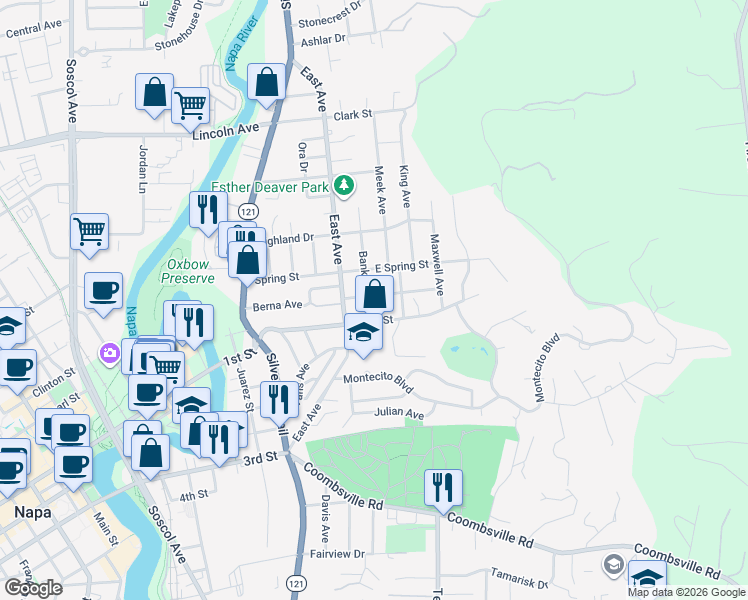 map of restaurants, bars, coffee shops, grocery stores, and more near 1220 Banks Avenue in Napa