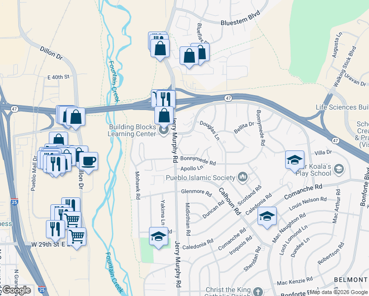 map of restaurants, bars, coffee shops, grocery stores, and more near 28 Bonnymede Road in Pueblo
