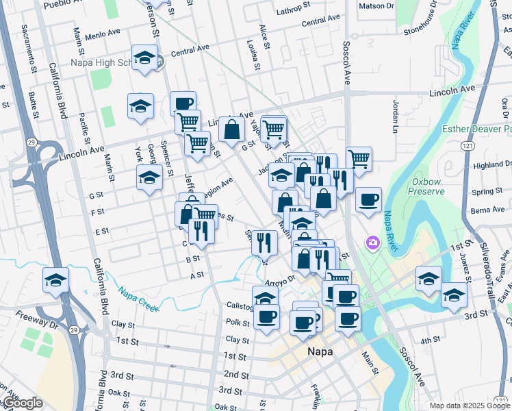 map of restaurants, bars, coffee shops, grocery stores, and more near 1830 Brown Street in Napa