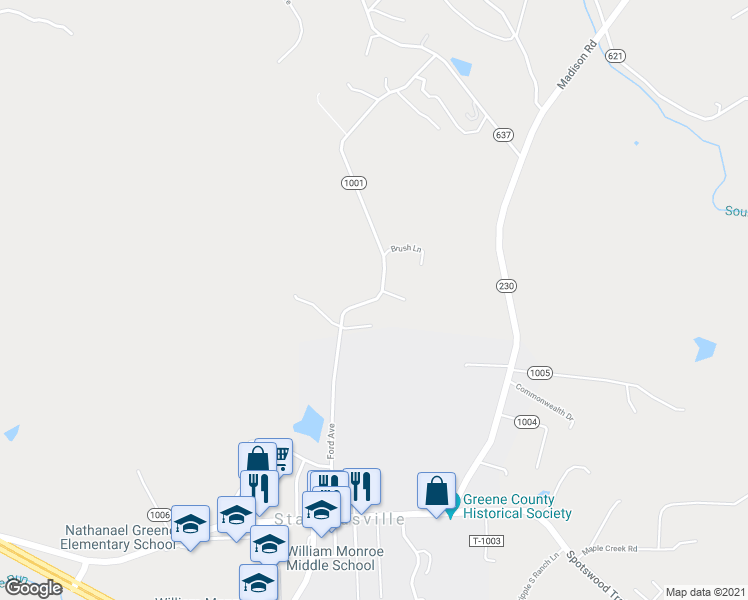 map of restaurants, bars, coffee shops, grocery stores, and more near 515 Ford Avenue in Stanardsville