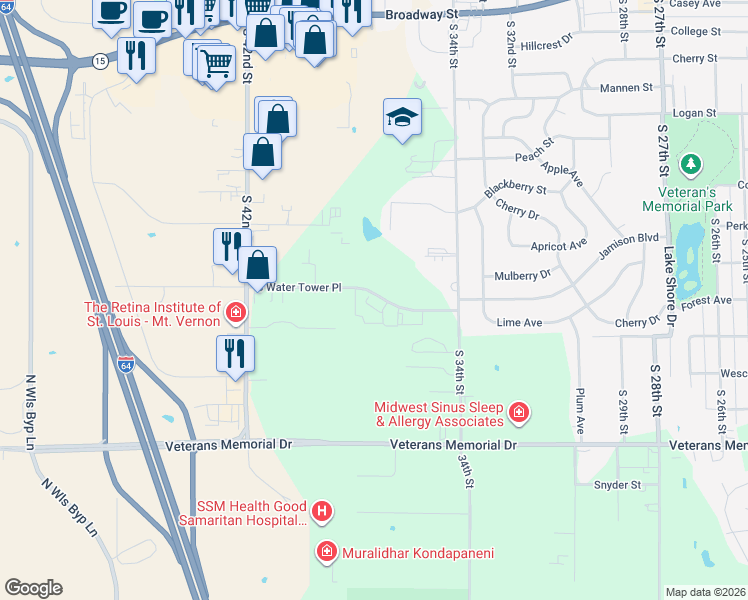 map of restaurants, bars, coffee shops, grocery stores, and more near 3801 South Water Tower Place in Mount Vernon