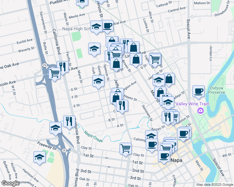 map of restaurants, bars, coffee shops, grocery stores, and more near 1340 D Street in Napa