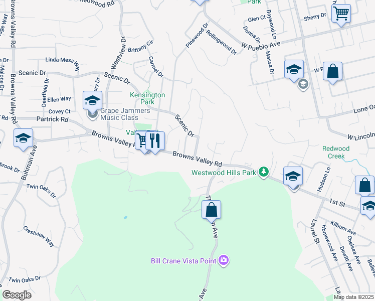 map of restaurants, bars, coffee shops, grocery stores, and more near 1006 Woodlawn Drive in Napa