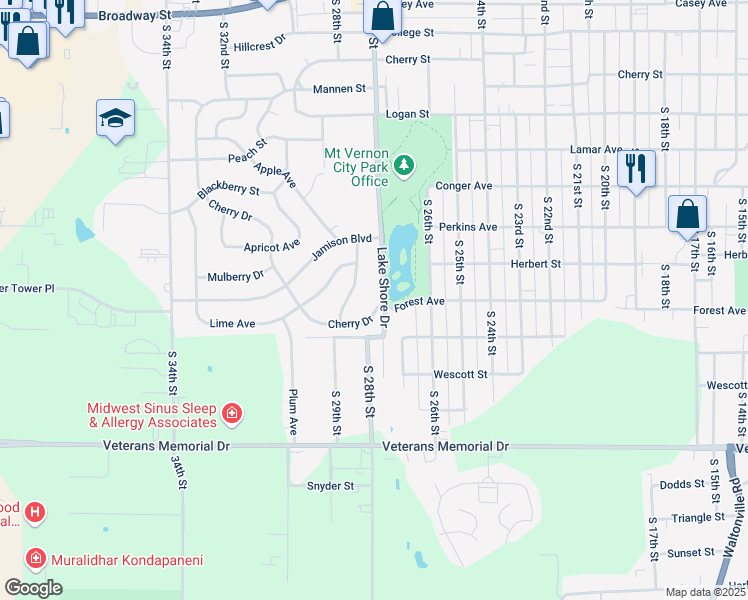 map of restaurants, bars, coffee shops, grocery stores, and more near 1001-1099 Lake Shore Dr in Mt Vernon
