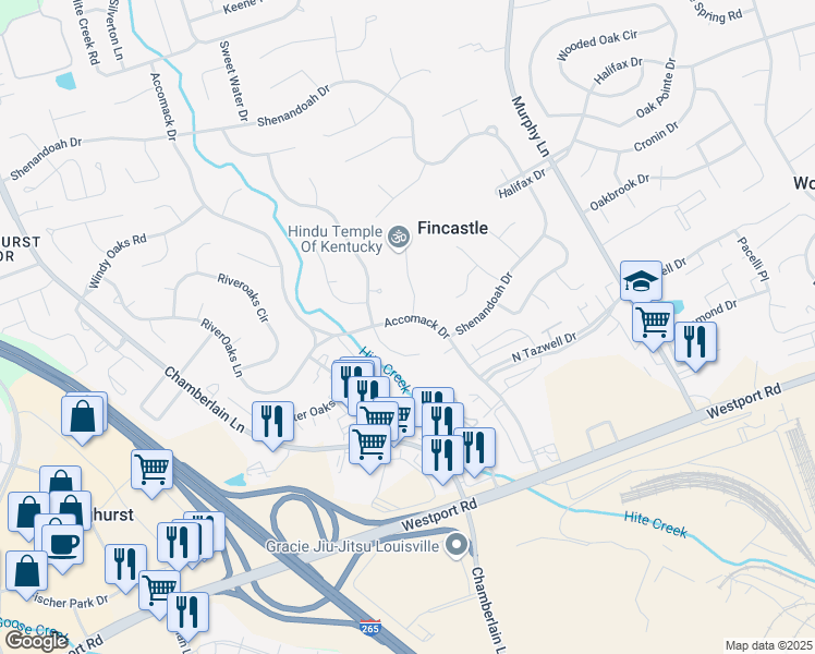 map of restaurants, bars, coffee shops, grocery stores, and more near 4218 Accomack Drive in Louisville