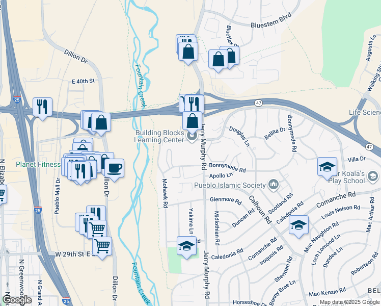 map of restaurants, bars, coffee shops, grocery stores, and more near 34 Montebello Road in Pueblo