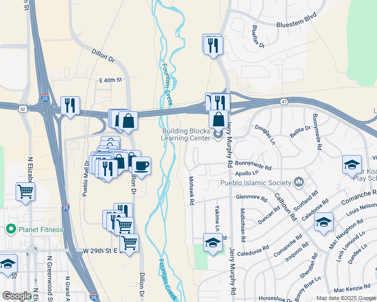 map of restaurants, bars, coffee shops, grocery stores, and more near 4 Montebello Road in Pueblo