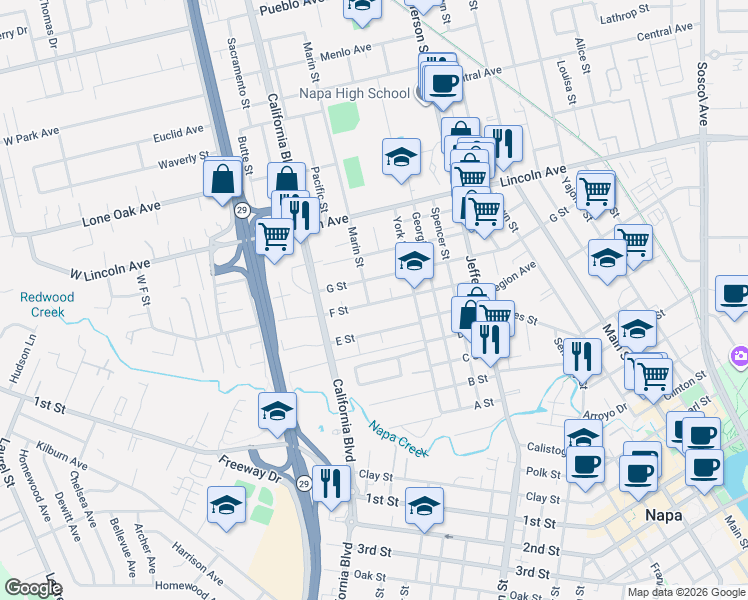 map of restaurants, bars, coffee shops, grocery stores, and more near 1696 G Street in Napa