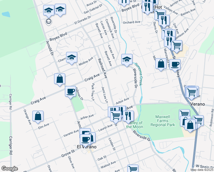map of restaurants, bars, coffee shops, grocery stores, and more near 18720 Railroad Avenue in Sonoma