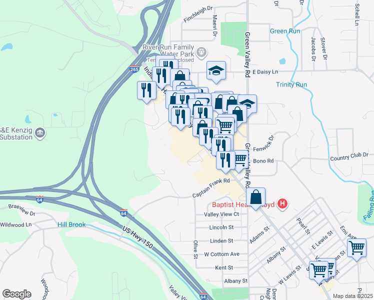 map of restaurants, bars, coffee shops, grocery stores, and more near 2209 State Street in New Albany