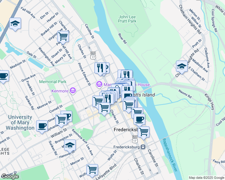 map of restaurants, bars, coffee shops, grocery stores, and more near 1105 Princess Anne Street in Fredericksburg