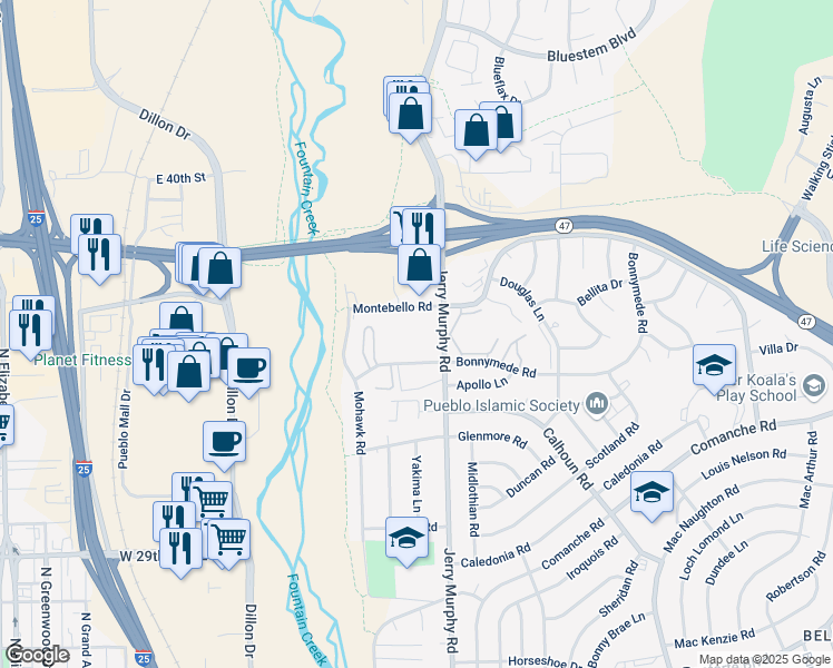map of restaurants, bars, coffee shops, grocery stores, and more near 34 Montebello Road in Pueblo