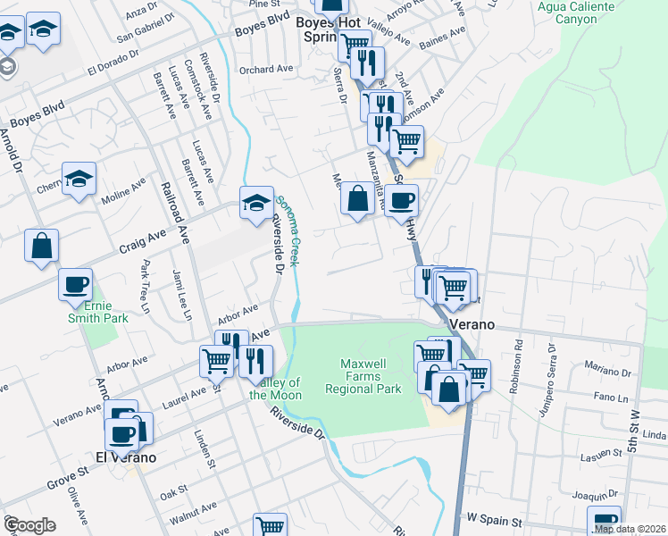 map of restaurants, bars, coffee shops, grocery stores, and more near 170 Buena Vida Court in Sonoma