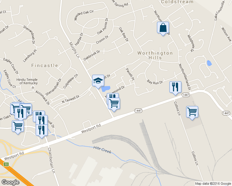 map of restaurants, bars, coffee shops, grocery stores, and more near 4519 Meadowlark Manor Lane in Louisville