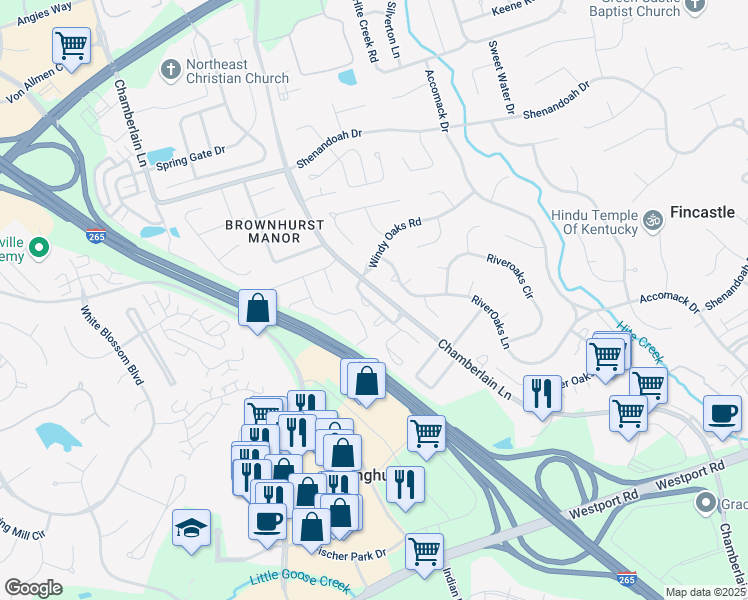 map of restaurants, bars, coffee shops, grocery stores, and more near 4217 Bay Pointe Drive in Louisville