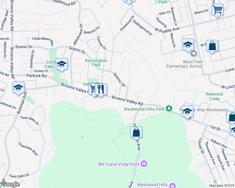 map of restaurants, bars, coffee shops, grocery stores, and more near 1007 Woodlawn Drive in Napa