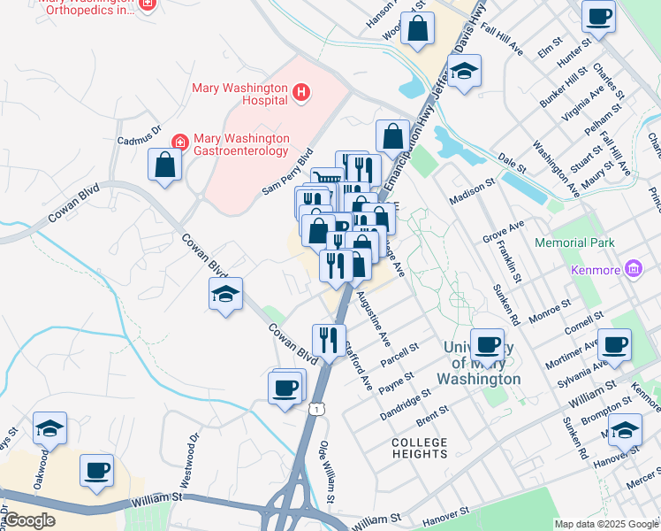 map of restaurants, bars, coffee shops, grocery stores, and more near in Fredericksburg