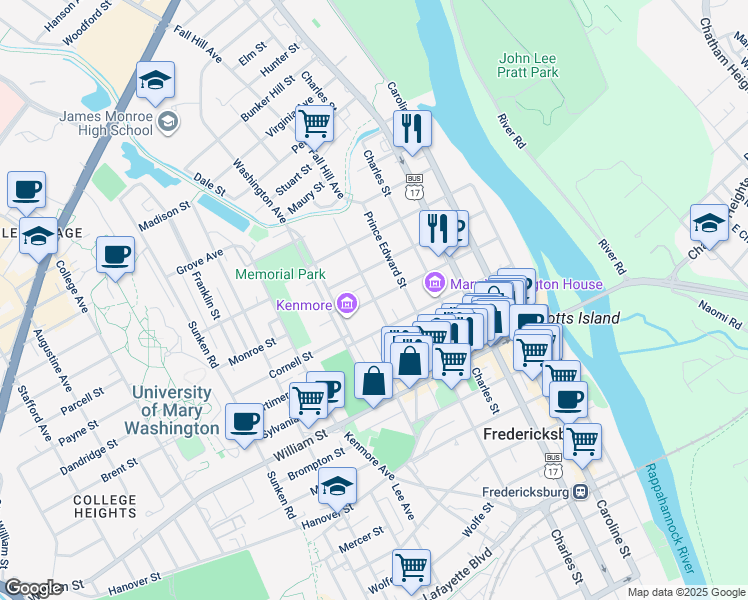 map of restaurants, bars, coffee shops, grocery stores, and more near Winchester Street in Fredericksburg