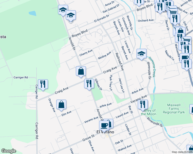 map of restaurants, bars, coffee shops, grocery stores, and more near 815 Craig Avenue in Sonoma