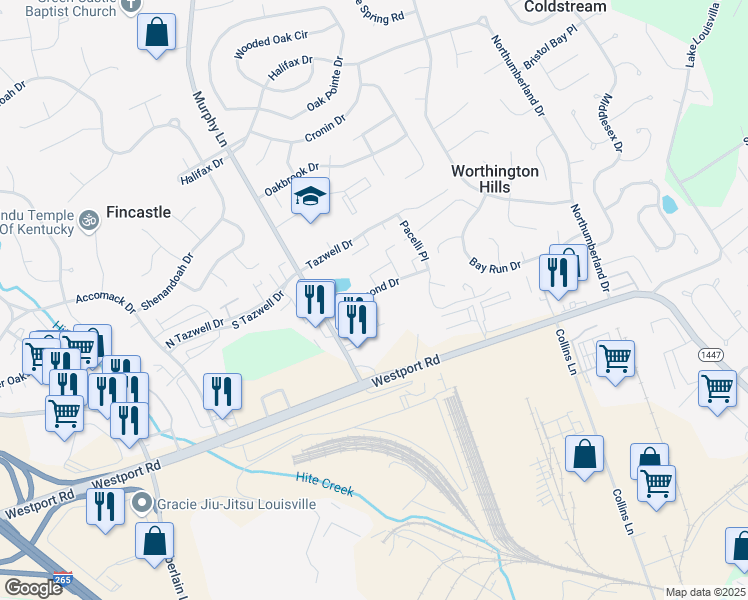 map of restaurants, bars, coffee shops, grocery stores, and more near 11711 Nansemond Drive in Louisville