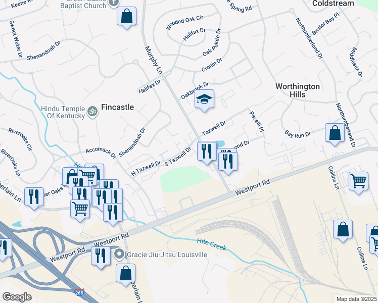 map of restaurants, bars, coffee shops, grocery stores, and more near 11521-11531 North Tazwell Drive in Louisville