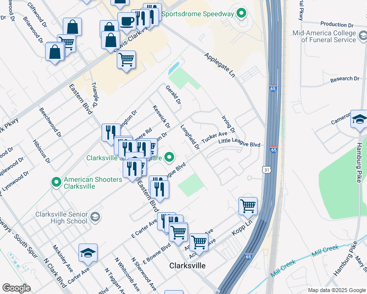 map of restaurants, bars, coffee shops, grocery stores, and more near 514 Evergreen Dr in Clarksville