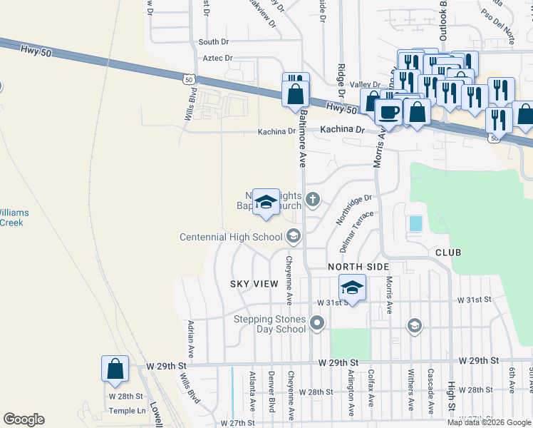 map of restaurants, bars, coffee shops, grocery stores, and more near 2525 Mountview Drive in Pueblo