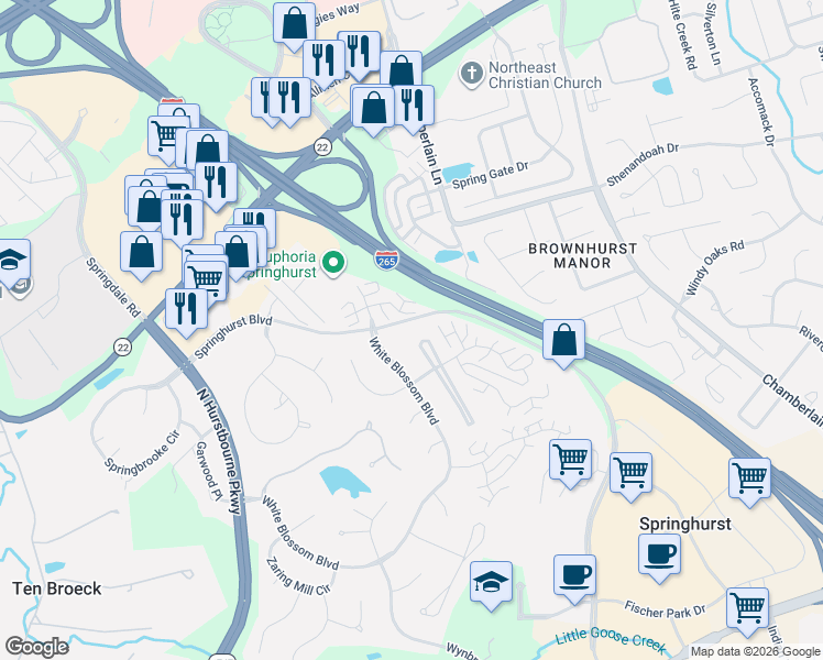 map of restaurants, bars, coffee shops, grocery stores, and more near 9809 Abbeywood Village Way in Louisville