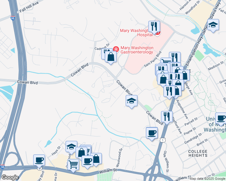 map of restaurants, bars, coffee shops, grocery stores, and more near 2366 Cowan Boulevard in Fredericksburg