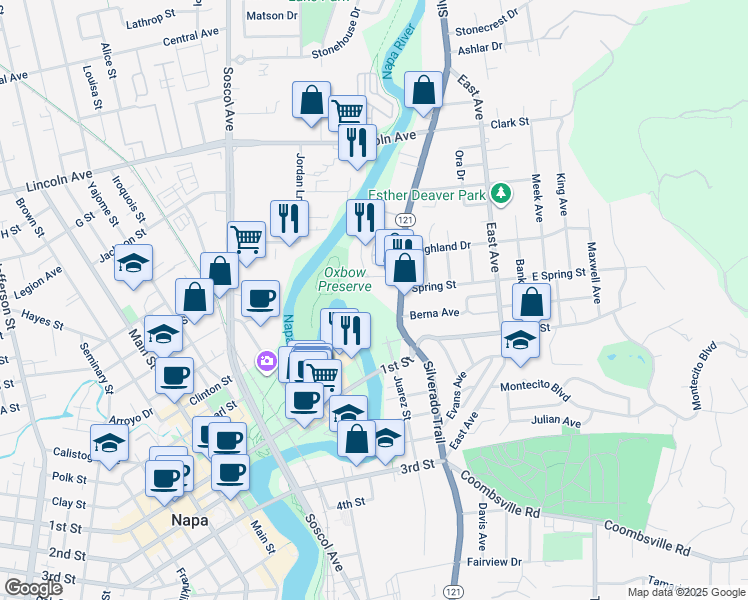 map of restaurants, bars, coffee shops, grocery stores, and more near 1515 Silverado Trail in Napa